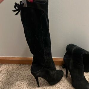 Black suede knee high heel boots